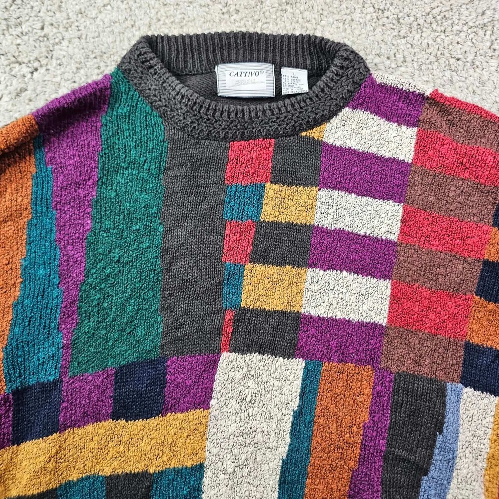 Vintage Cattivo Studio Patchwork Knit Sweater Mens Large Multi Color Textured